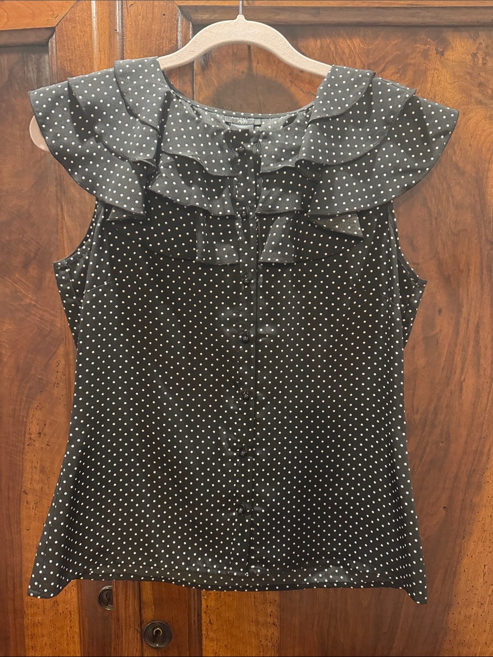 Ann Taylor Black Polka Dot Ruffle Collar Sleeveless Blouse